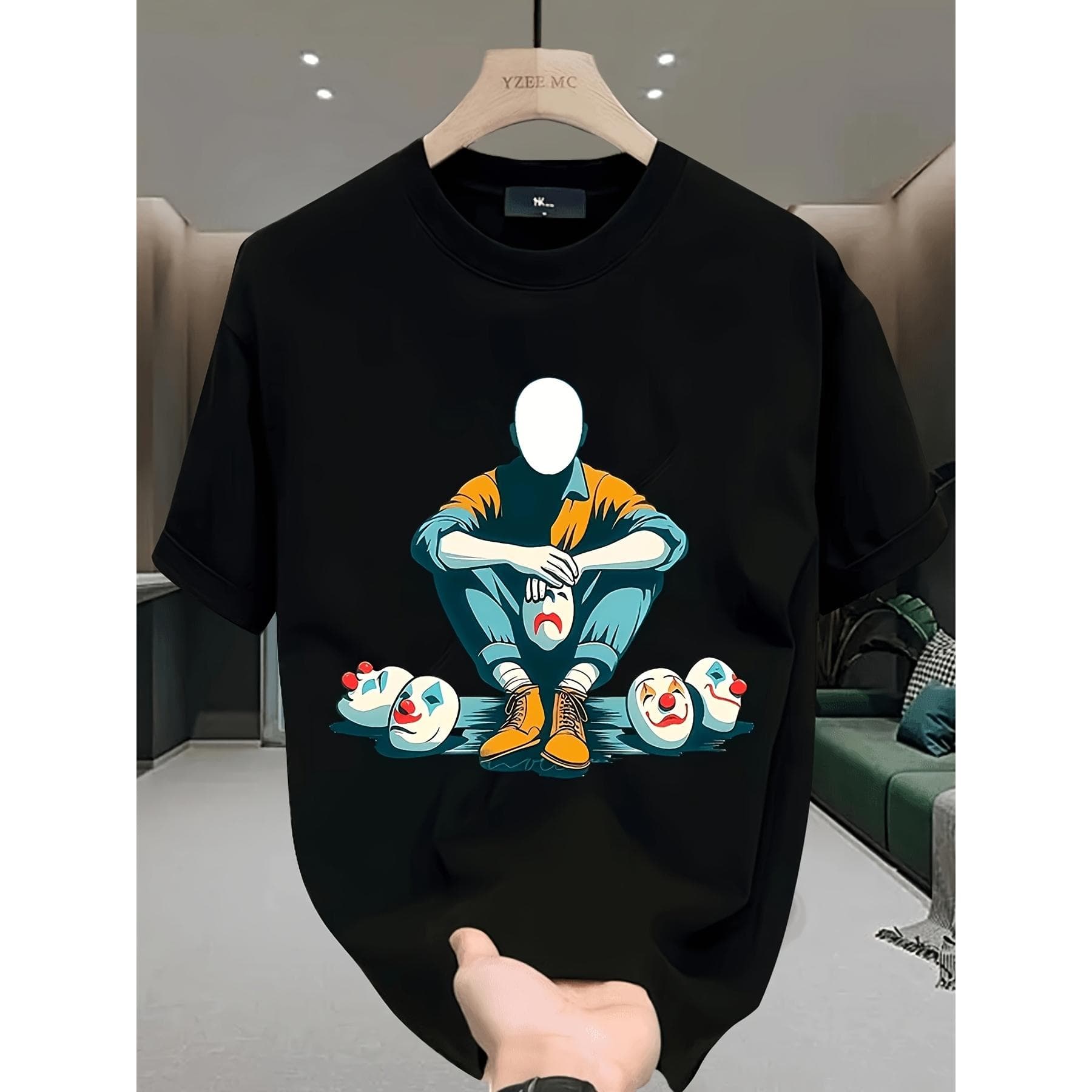Herren T-Shirt Aus Schwerer Baumwolle Mit Grafik - Locker Geschnittenes Kurzarm-Rundhals-Sommer-T-Shirt Mit Geometrischem Druck, Weiß & Blaugrün