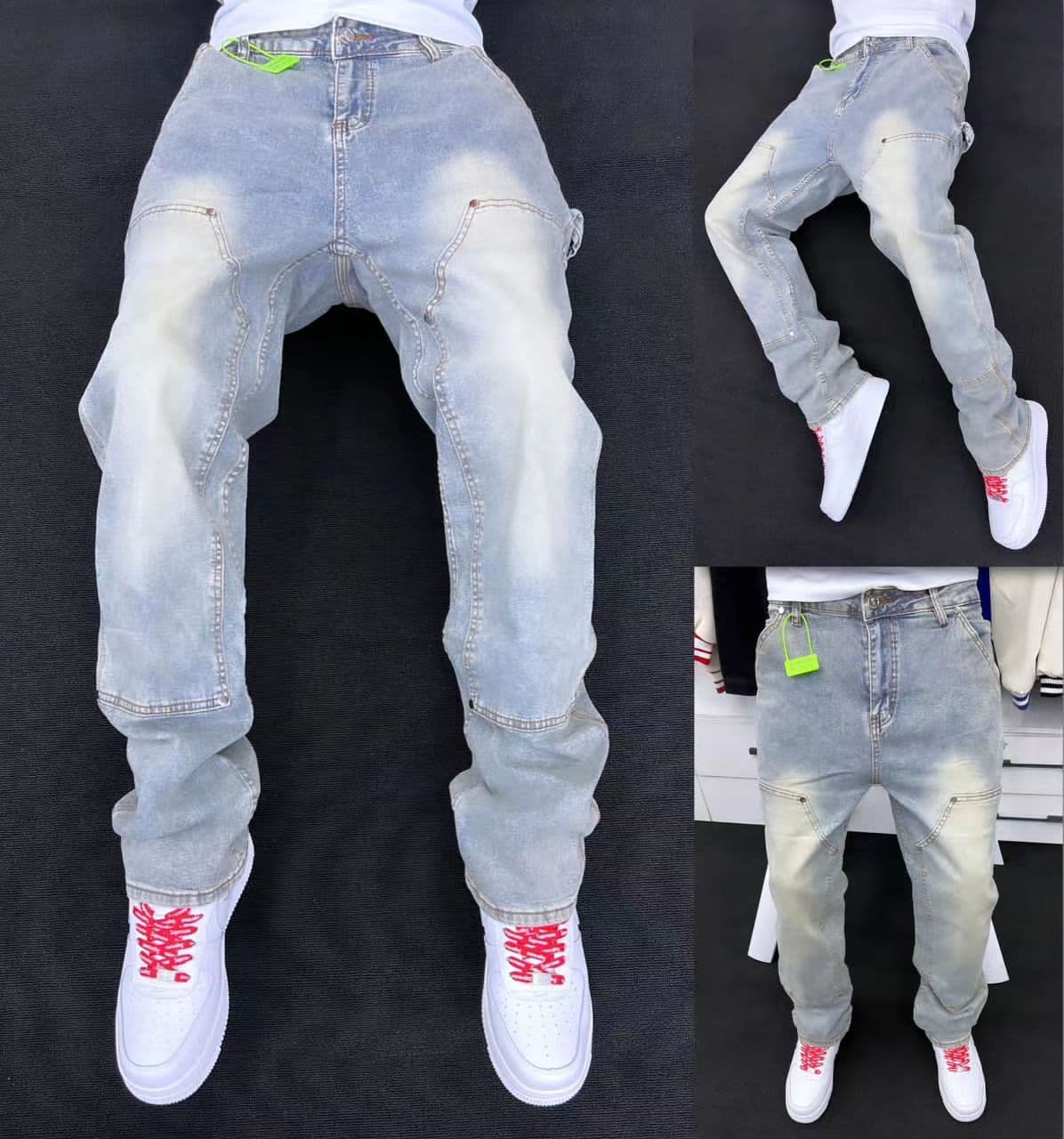 Men's Clothing High Street Jeans, Washed And Distressed Light Blue, Logging Workwear Style, Men's Street Vintage Casual Pants