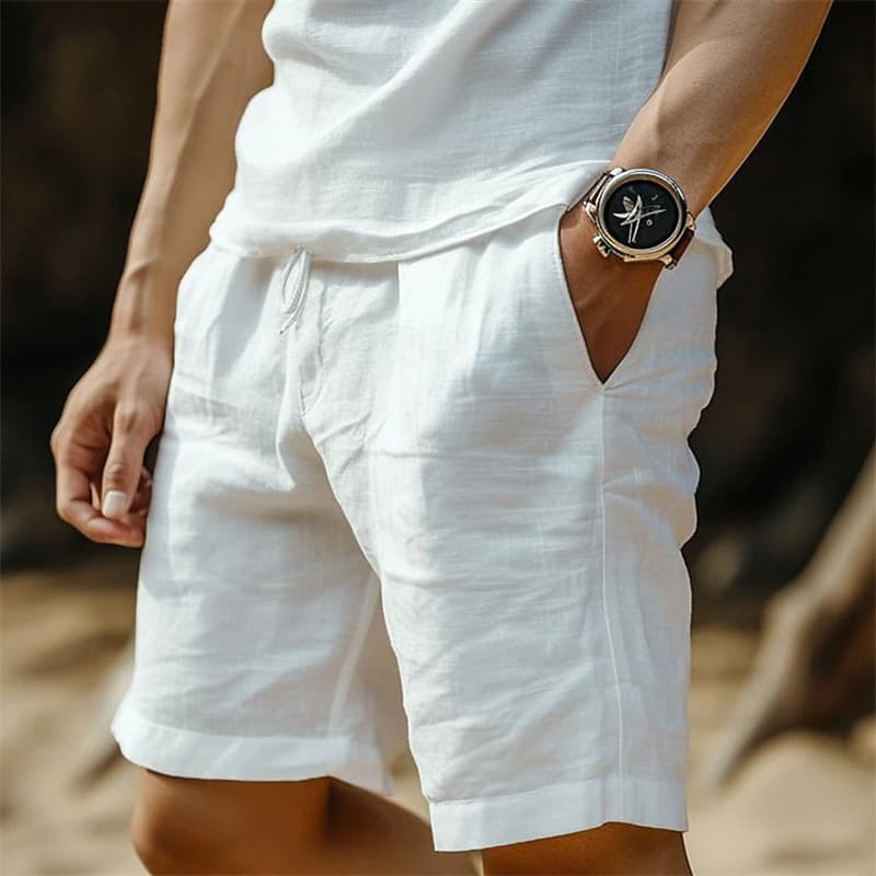 Cotton Linen Shorts for Men Drawstring Elastic Waist Straight Leg Solid Color Breathable Casual Beach Wear Five-Pocket mid Waist