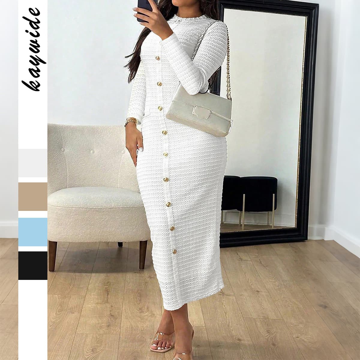 Elegant High-Waist Bodycon Long Dress For Women - Stretchy Polyester Blend, Round Neck, Long Sleeve, Classic Solid Color (Black, Blue, White, Beige)