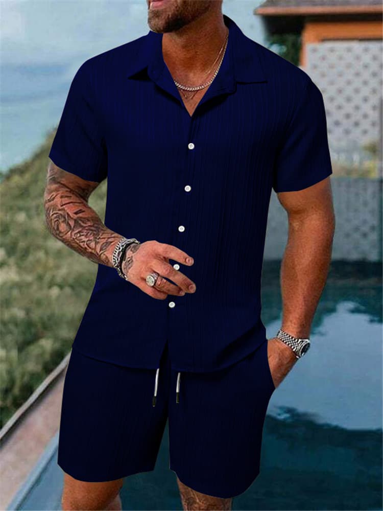 Chemise à revers rayée pour hommes, short, costume de sport décontracté à la mode