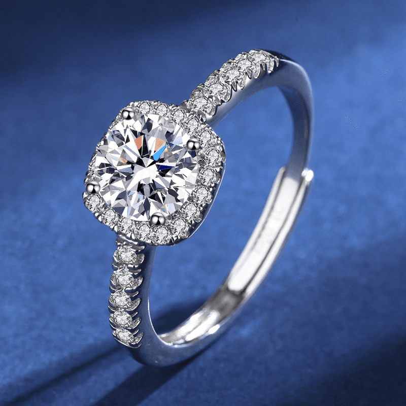 Mosang Ring Women's D Color 1 Carat Micro Set Square Bag High Carbon Stone S Silver Plated Platinum Couple Adjustable