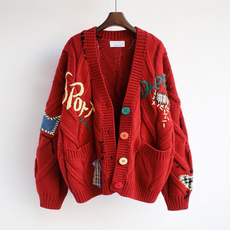Chunky Cable Knit Cardigan With V-Neck & Embroidered Details - Oversized Long Sleeve Open Front Sweater For Women
