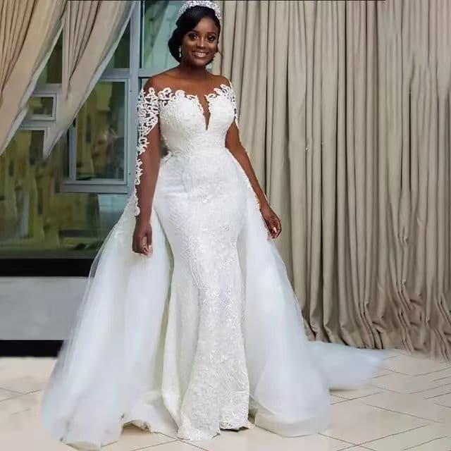 White lace wedding dress, spring mid-length, mid-waist, long-sleeved adult wedding dress, toast dress, evening Women's dress,