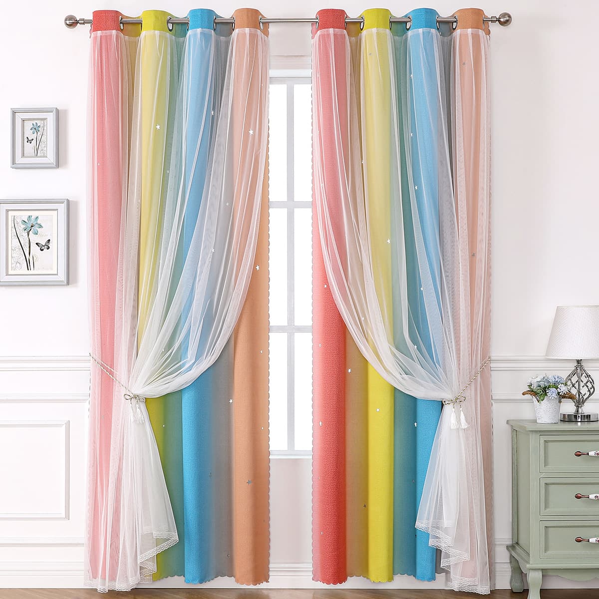 Morandi Double-Layer Curtains - Rainbow Gradient Sheer & Blackout Drapes With Striped Design Ready-Made Window Treatment