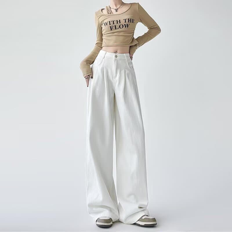 White Wide-leg Jeans Women's 2026 New High-waisted Pleated Loose And Thin Hip Drape Mopping Straight Pants