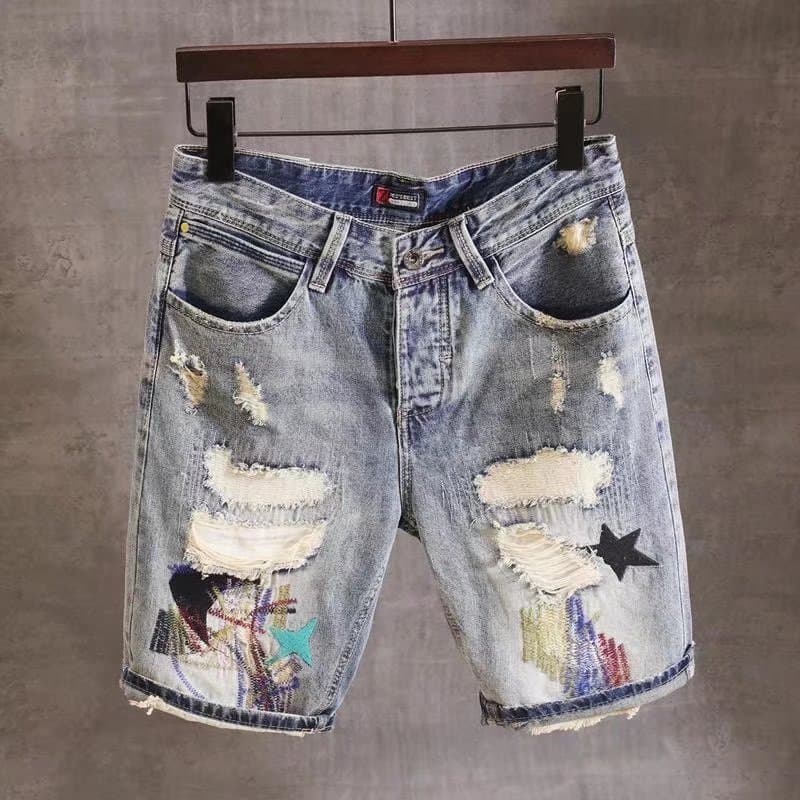 Men's Slim Fit Distressed Denim Shorts – Korean Street Style 5-Inch Inseam (28-36) – Lightweight Summer Grey Washed With Artisan Tears