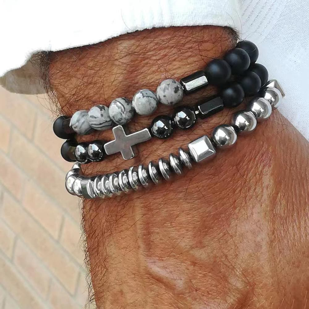 Hot Selling Stone Bracelet Black Gallstone Cross UFO Retro Bracelet Map Stone Elastic Bracelet Combination Men