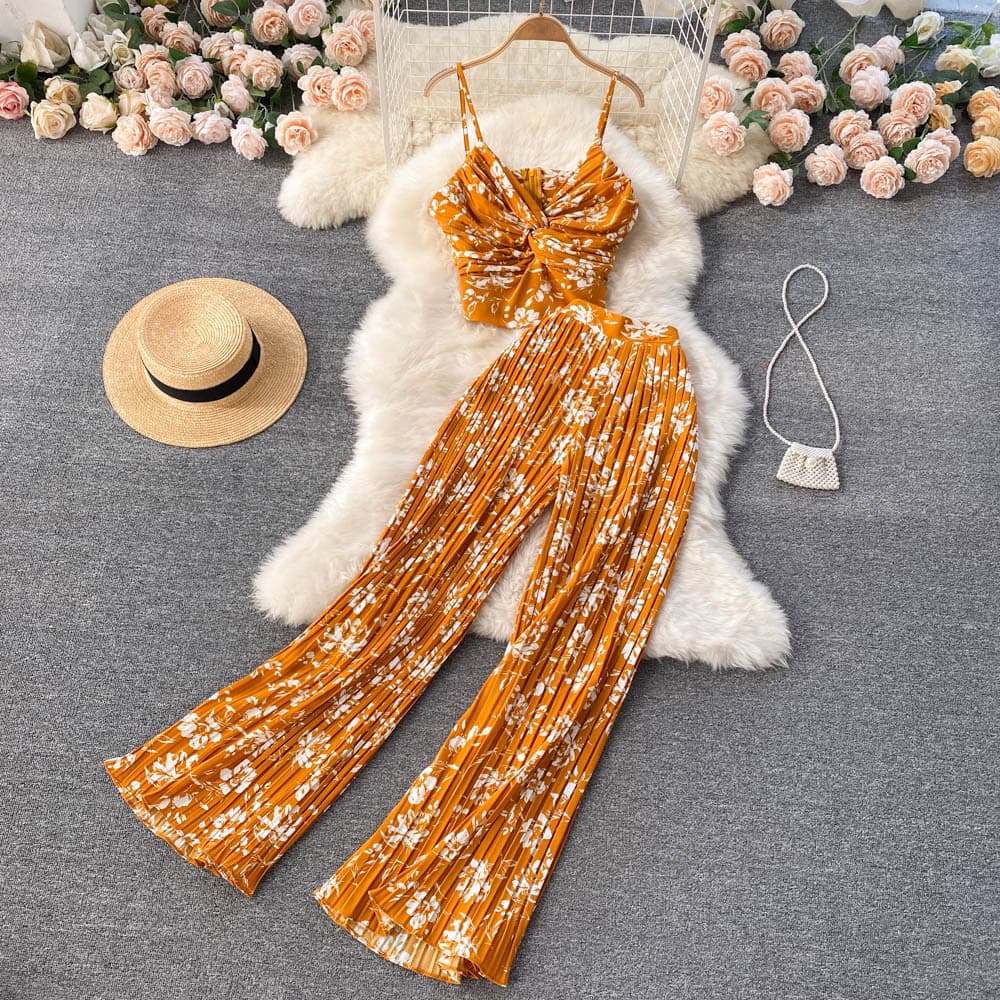 Women's Temperament V-neck Camisole Heavy Pleated Flared Wide-leg Pants Versatile Two-piece Suit