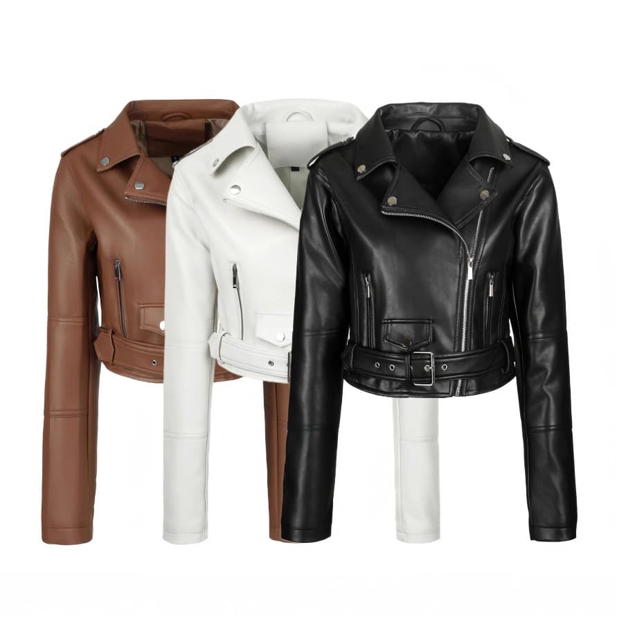 Women's Faux Leather Motorcycle Jacket With Adjustable Waist Belt, Princess Seam Detailing & Zip Closure - Black, Light Brown, Ivory