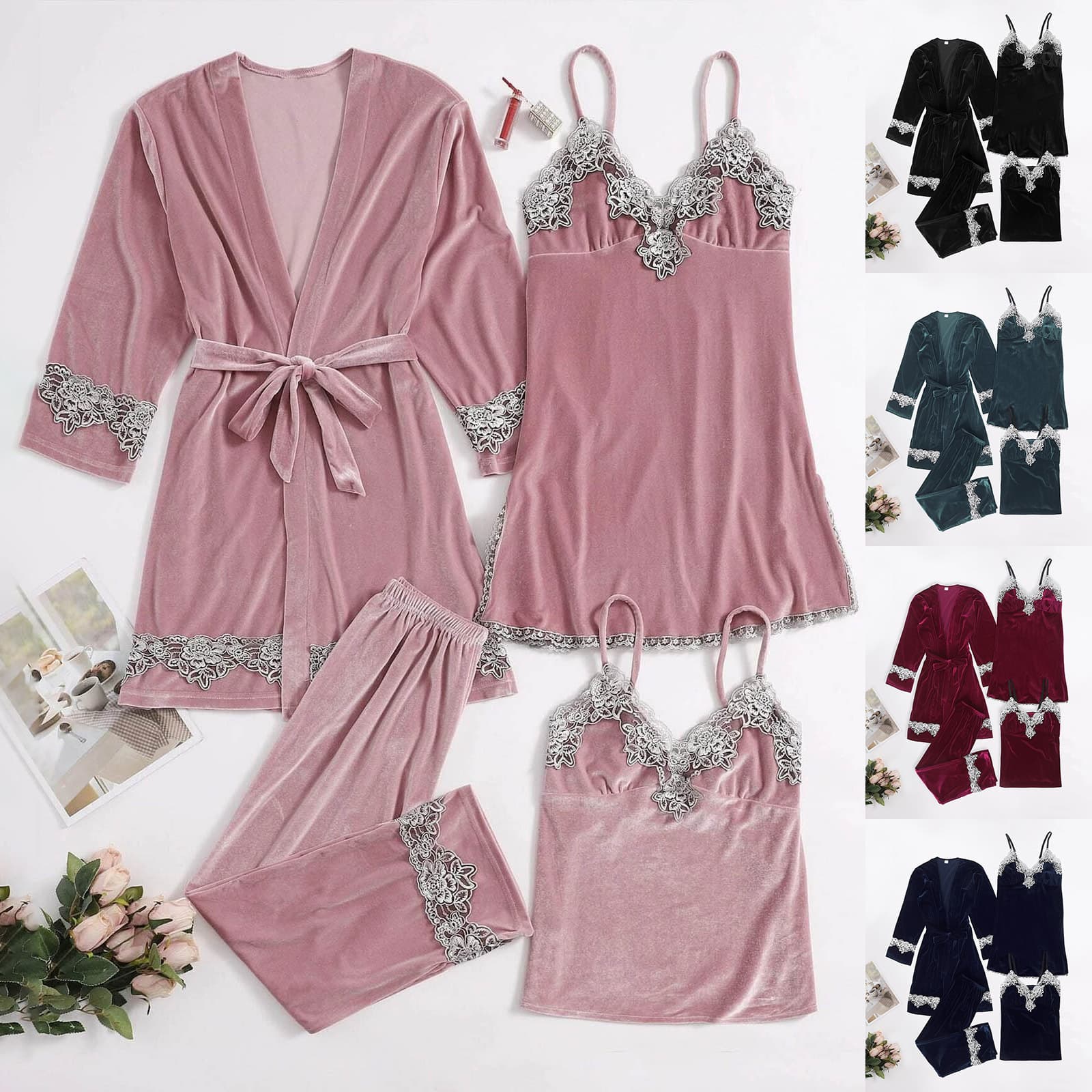 Ensemble de nuit luxueux en velours et dentelle pour femme – Ensemble de nuit 4 pièces doux et sexy, coupe confortable (noir, bordeaux, rose, vert, bleu marine)