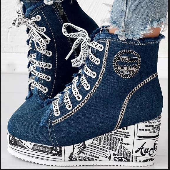 Women's Shoes Large Size Wedge Heel Versatile High Top Canvas Shoes Women's Round Toe English Newspaper Lace Up Breathable Single Shoes