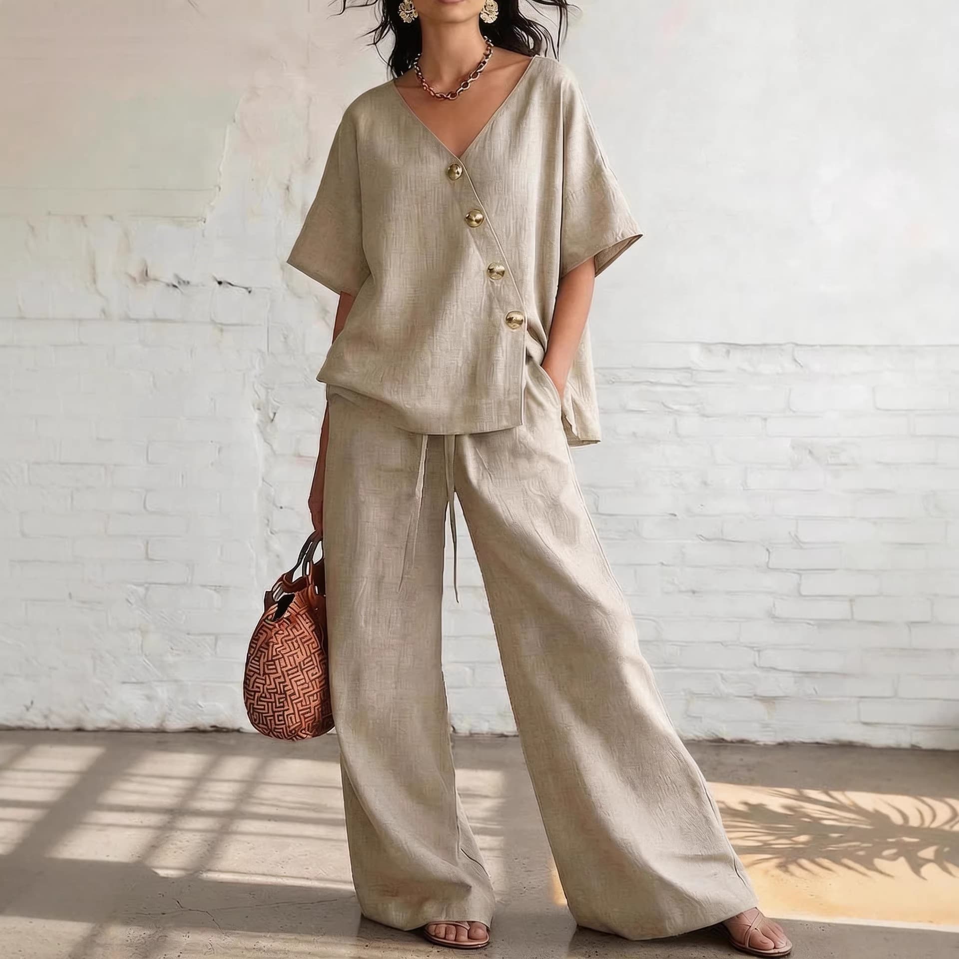 Women's Clothing Summer Casual Cotton Linen Two Piece Set V Neck Wide Leg Pants Style Loose Fit Vacation Wear