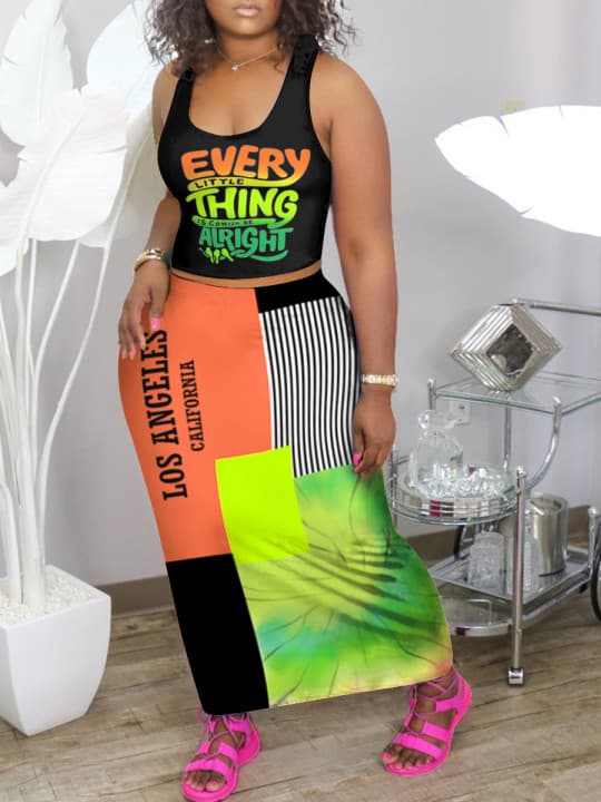 European and American clothing color letter printed top + picture printed long skirt 2 piece set