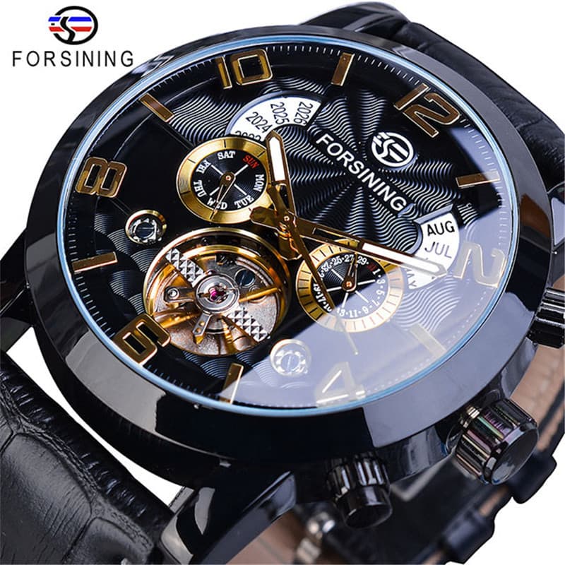 Men's Fashion Automatic Mechanical Watch With Tourbillon, Large Dial, Genuine Leather Strap, Stainless Steel Buckle, Mineral Crystal Glass