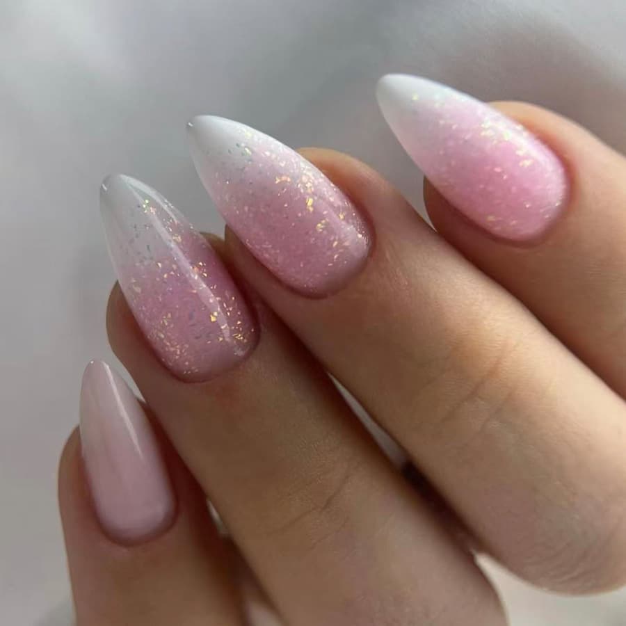 Pure Pink Gradient White French Glitter Nail Polish Medium Length Glossy Teardrop European American Style 24 Pieces Cross Border Foreign Trade