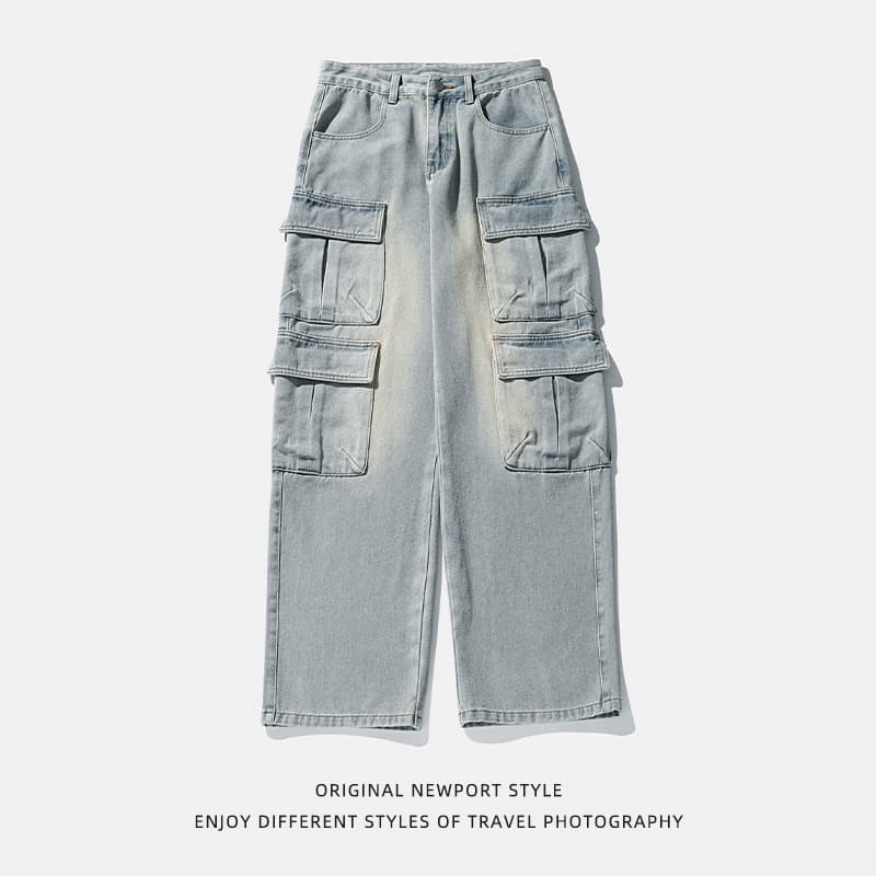 Men's Clothing Original Multi Pocket Design Jeans Men's Spring Style Washed Old Fashioned Loose Japanese Style Denim Trousers Q