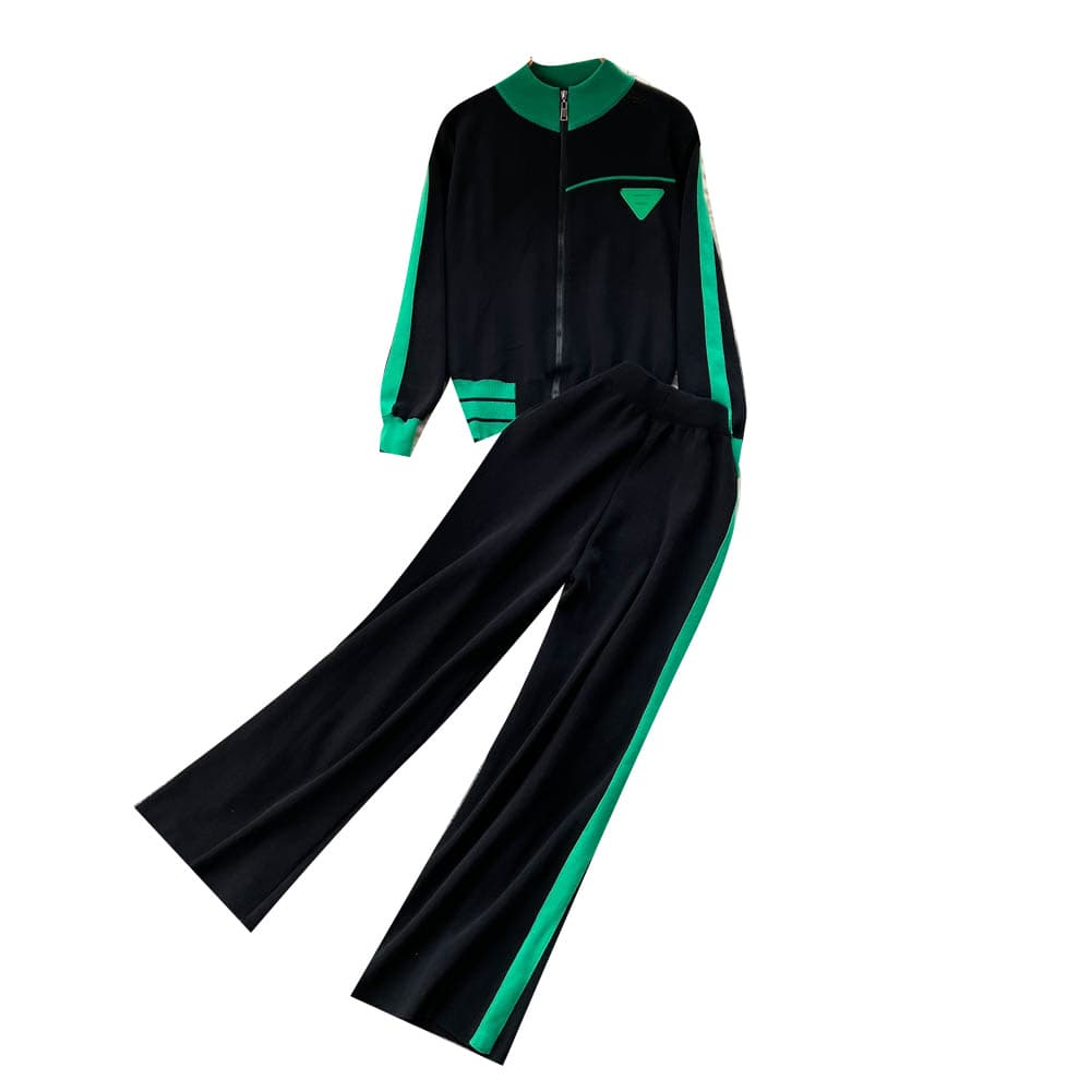 Fashion European-USA Style Tracksuits Women Stand Collar Long Sleeve Zipper Jacket+High Waist Straight Type Pants Knit Splicing 2 Piece Casual Suits