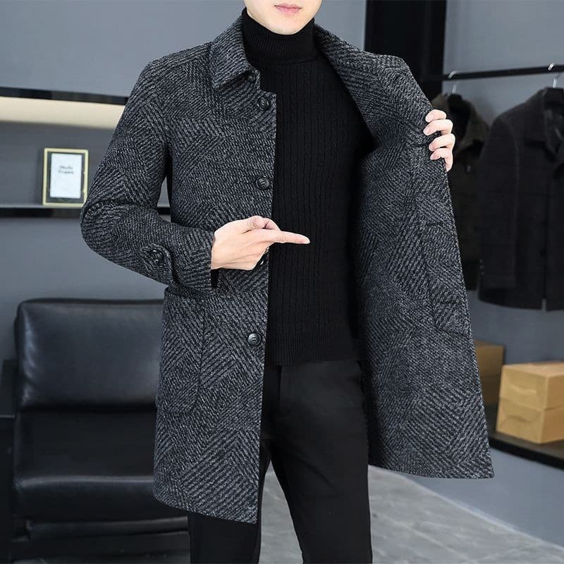 Shanli Dadi Winte Thickened Double-Sided Coat Fo Men, Mid-Length Fashion Single-Beasted Business Casual Wool