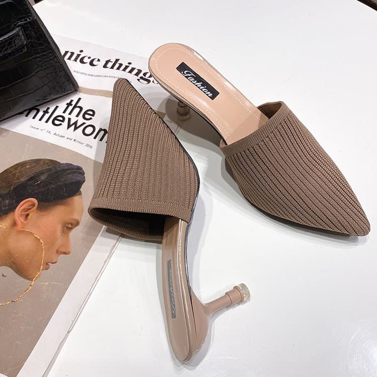 2024 Spring Summer New Pointed Toe Slippers For Women, Closed Toe, Stiletto Heel, Fashionable Fly Weave, Outdoor Wear,