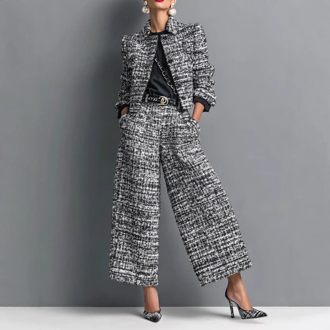 Women's Slim-Fit Lapel Jacket & Wide-Leg Pants Set – Modern European Style Pant Sets