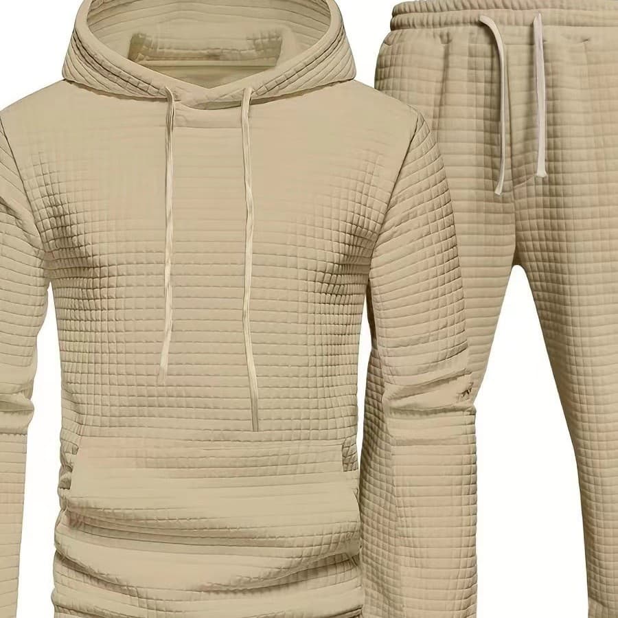 Men's Waffle Jacquard Hooded Tracksuit Set - Lightweight Casual Two-Piece Outfit For Fall & Winter (White, Light Grey, Dark Grey, Black, Beige)