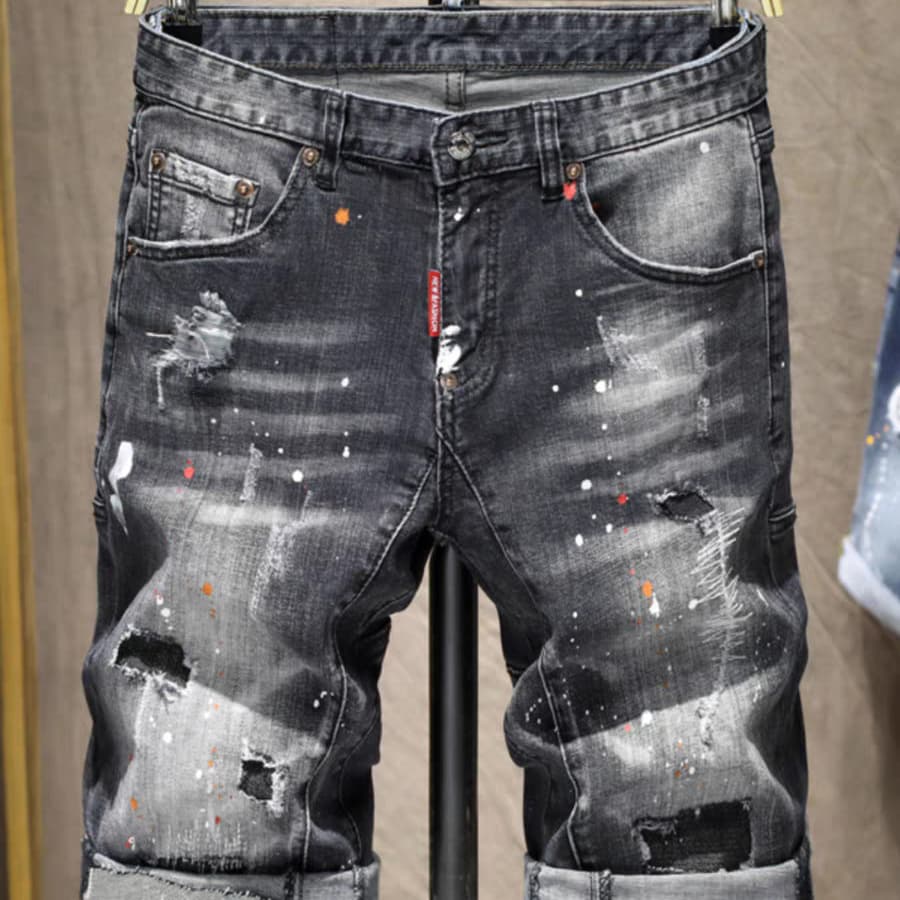 Men's High Street Trendy Men's Street Hip-hop Style Slim Cut Hand-painted Paint Dot Denim Shorts For Men