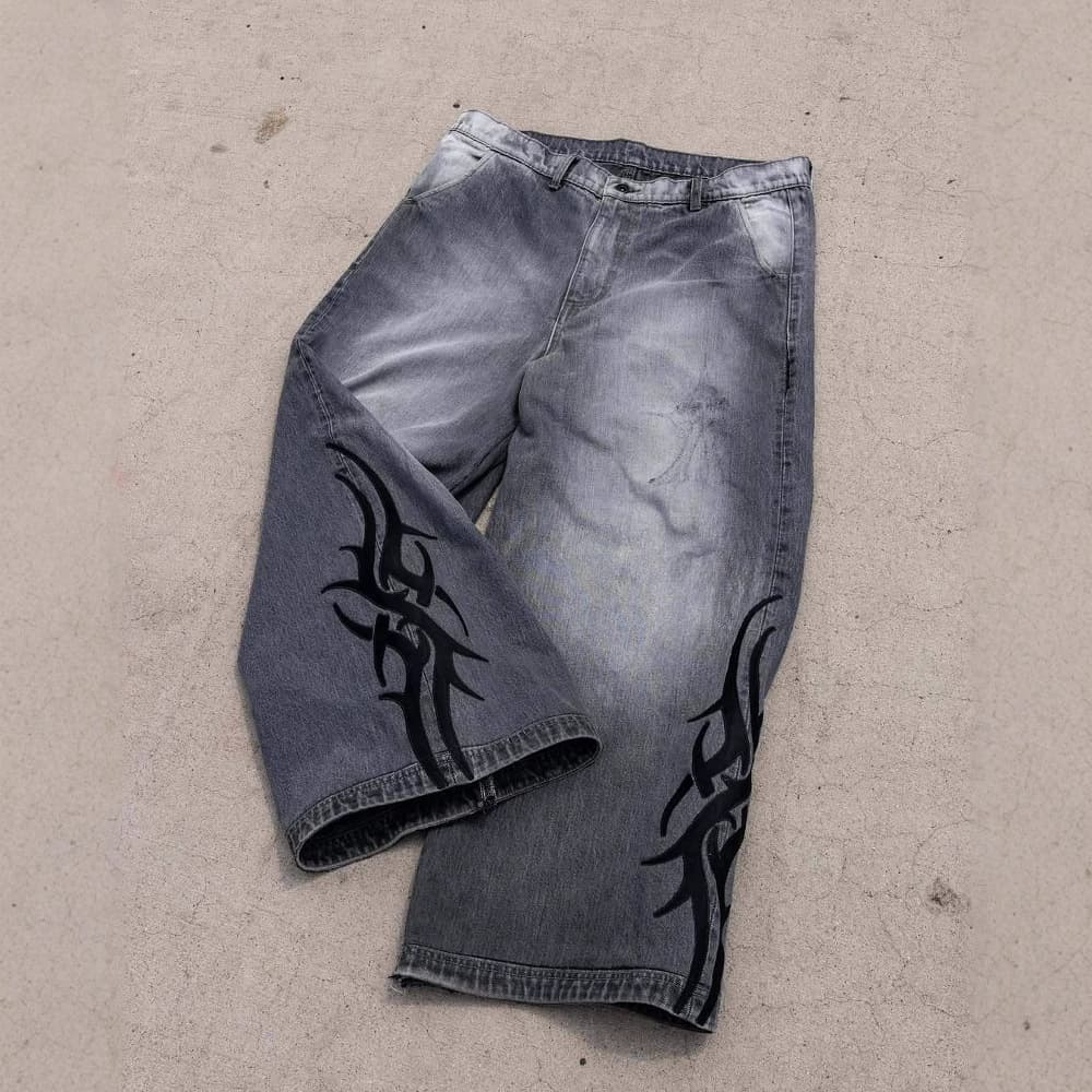 Y2K Washed Denim Jeans - Retro Wide Leg Streetwear Pants For Men & Women, Hip Hop Baggy Trousers With Distressed Details
