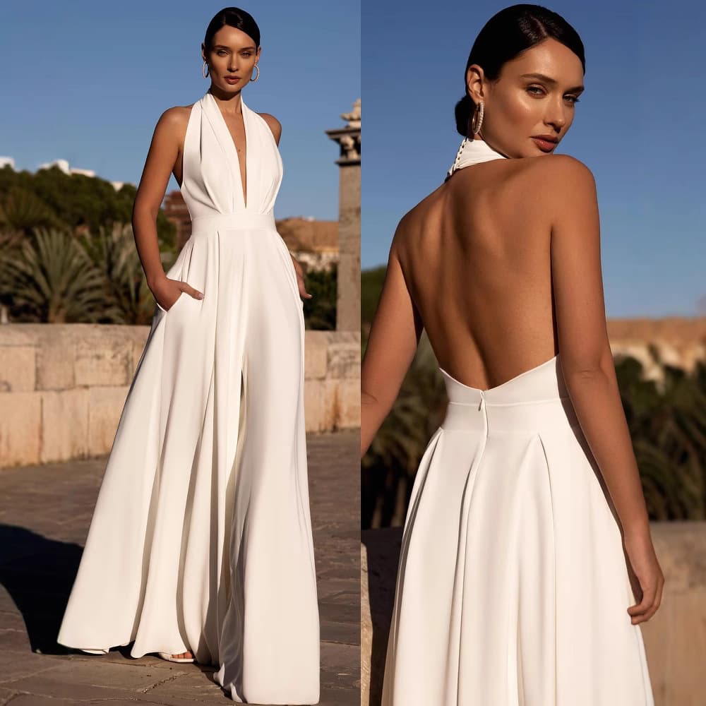 Women's Clothing New Sleeveless Halter Jumpsuit Solid Color Solid Color V Neck Trousers
