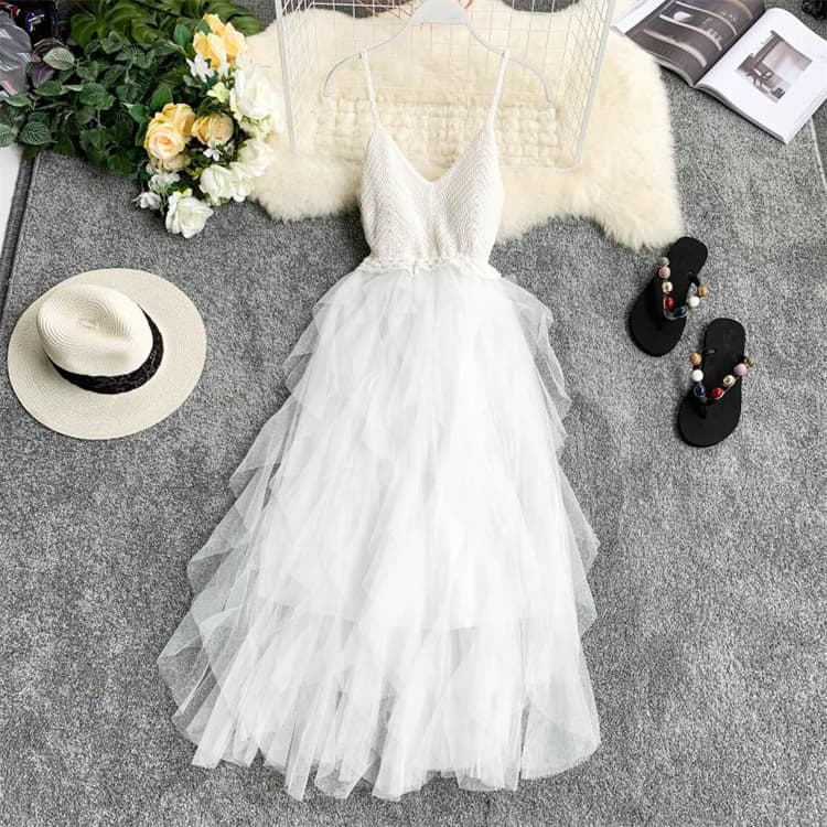 Women's Clothing Medium Length Suspender Dress Round Neck Hollow Lace Embroidery Little Fairy Dress