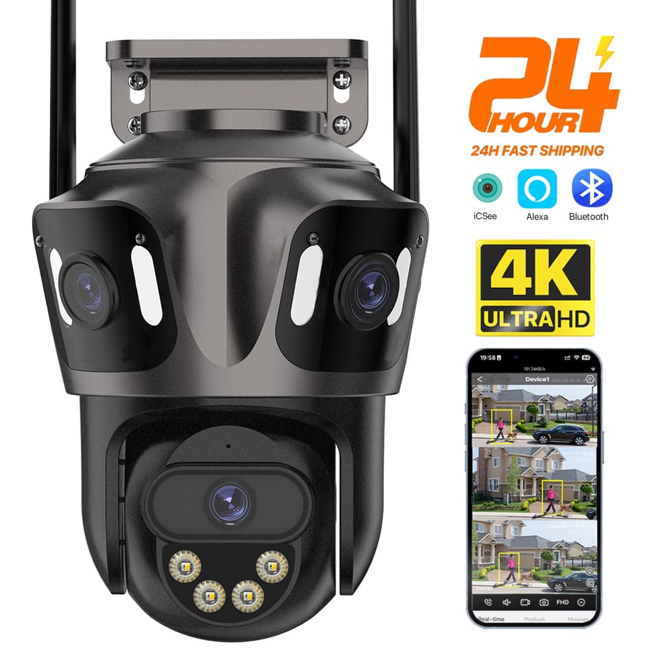 Three Screen WIFI IP Outdoor 4K Dual Lens PTZ Ai Human Detection IP66 Waterproof CCTV Video Security Camera ICsee