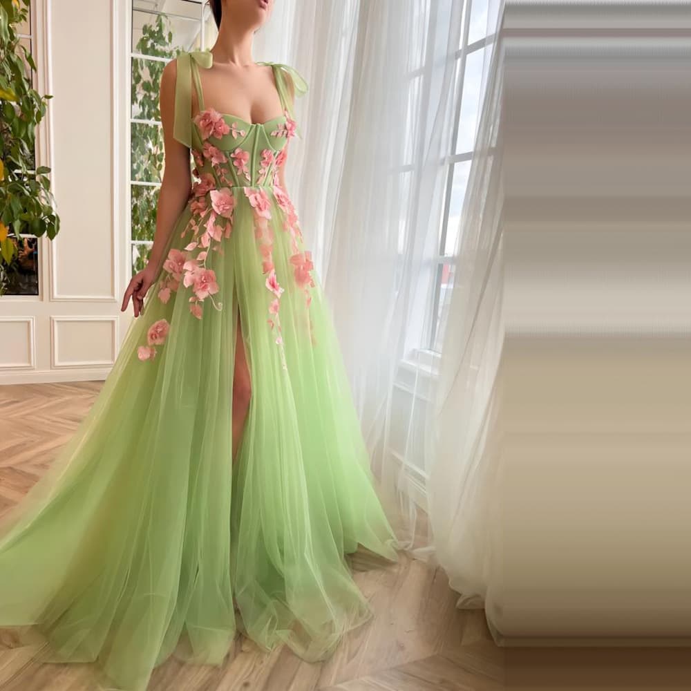 Elegant French-Slit Green Dress – Strapless A-Line Gown For Bridesmaids & Performances
