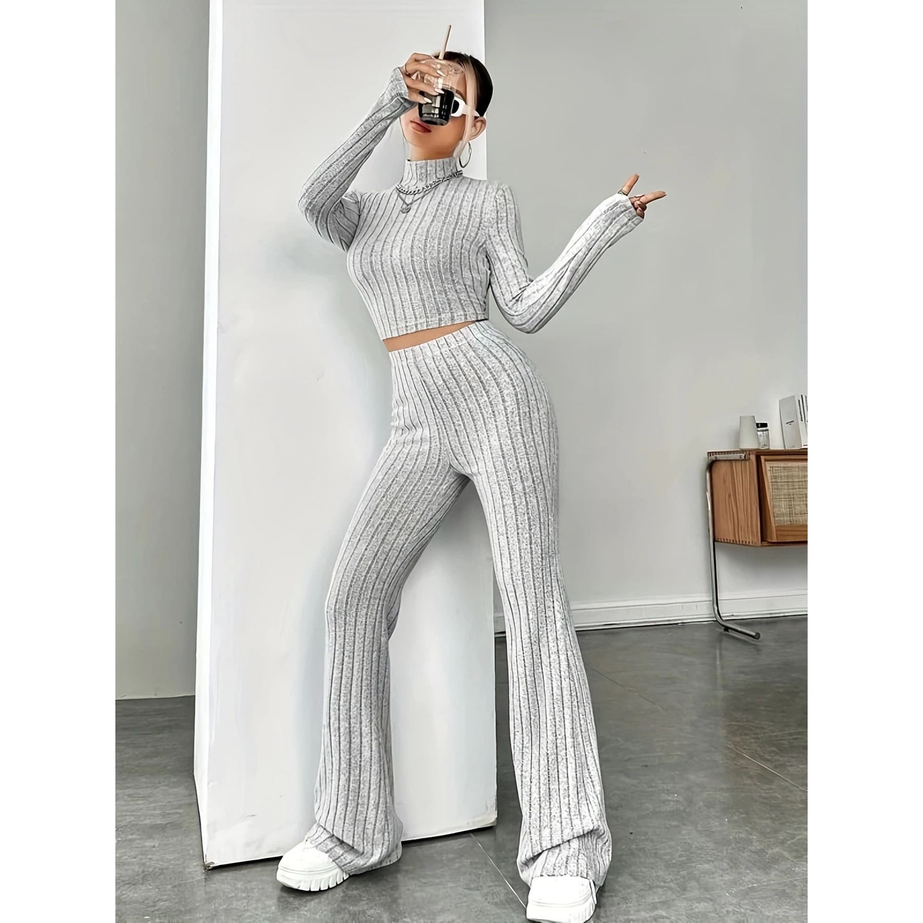 Women's Loungewear Set - Long Sleeve Top & Relaxed Pants, Soft Breathable Two-Piece Outfit (S-XL)