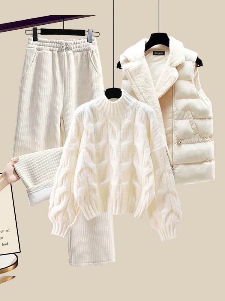 Winter Warm Three Piece Set Women Outfits Office Ladies Thicken Knitted Sweater+Lamb Wool Vest+pants Sets For Women