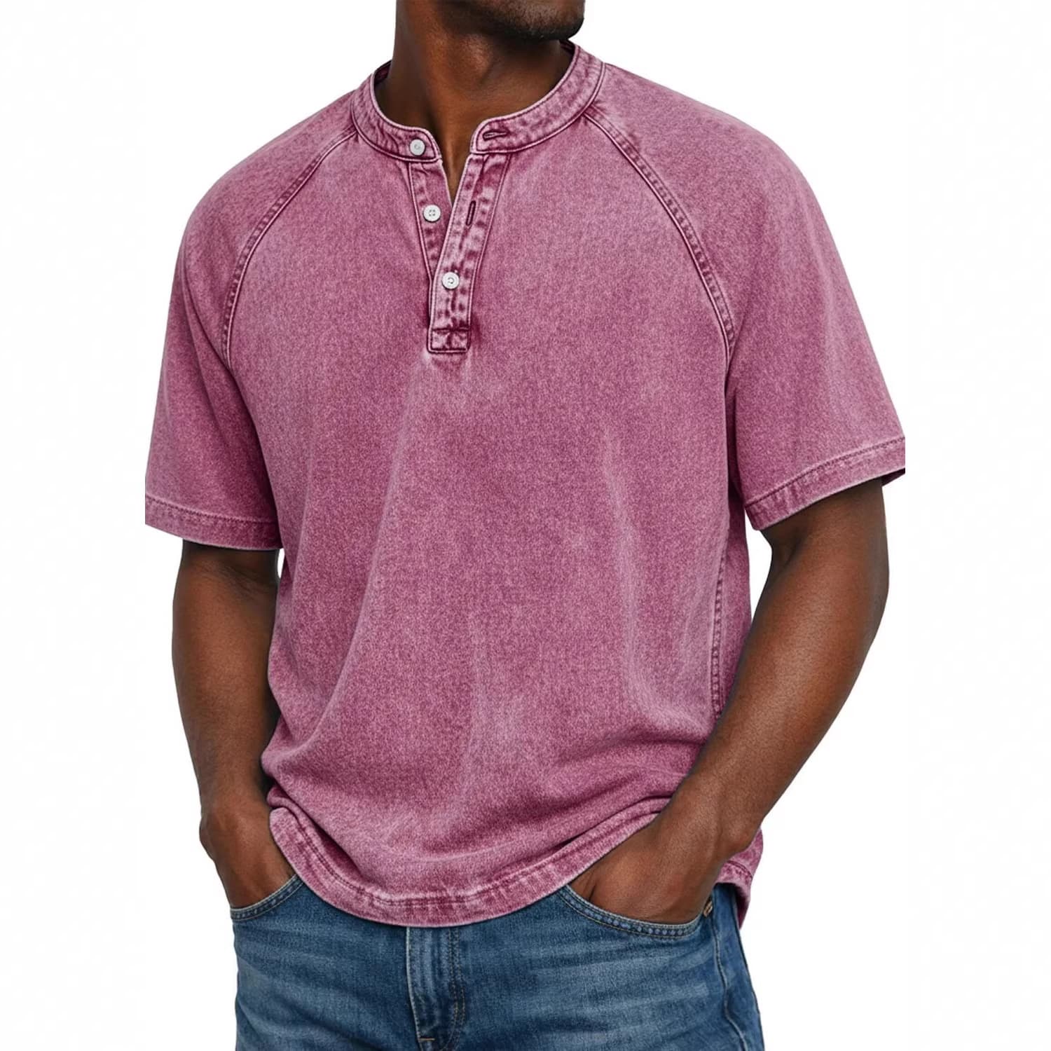 Men's Retro Distressed Washed Cotton Henley Collar Short Sleeve Shirt Solid Color Summer Top