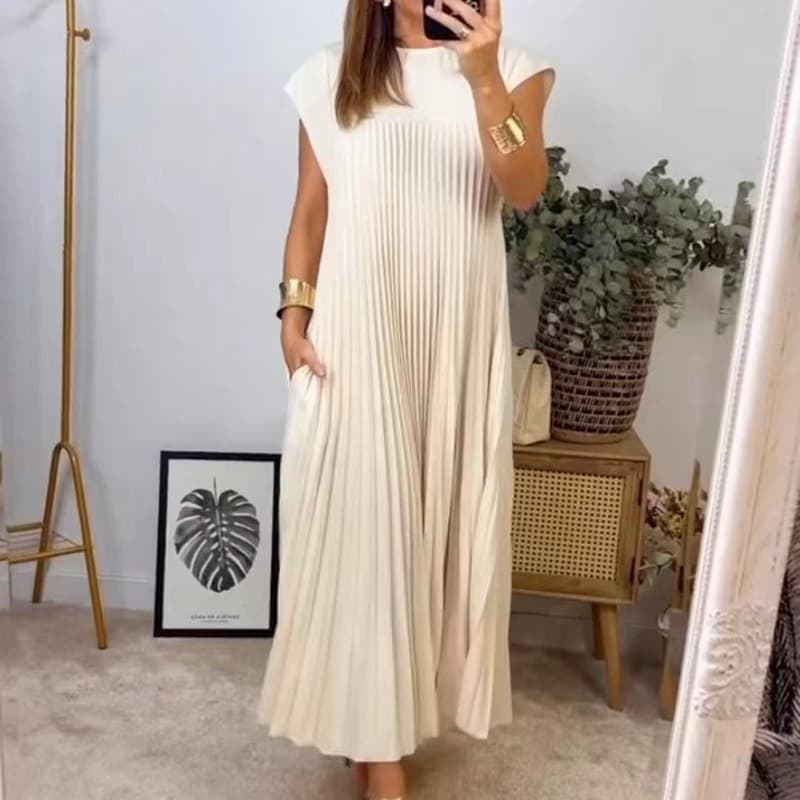 Women's clothing Fashion Round Neck Sleeveless Pleated Dress Women's Clothing