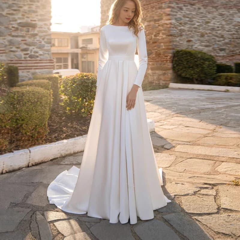 Women’s Clothing Satin Wedding Dress Muslim Bridal Gown Long Sleeves Floor Sweeping Train A Line