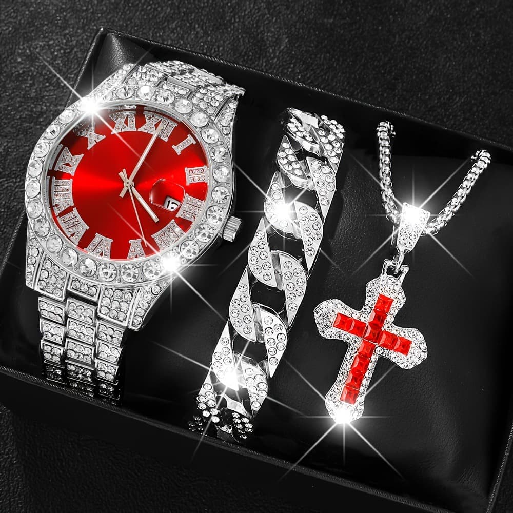 Men's Watches Hot Sale New Submariner Large Rhinestone Diamond Men's Watch Roman Scale Calendar Watch Men's Gold Watch Set