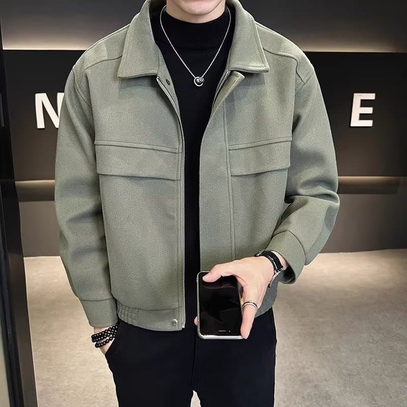 Veste courte élégante en laine mélangée pour homme – Manteau d'hiver décontracté et ample avec plusieurs poches, tissu infroissable, noir/vert
