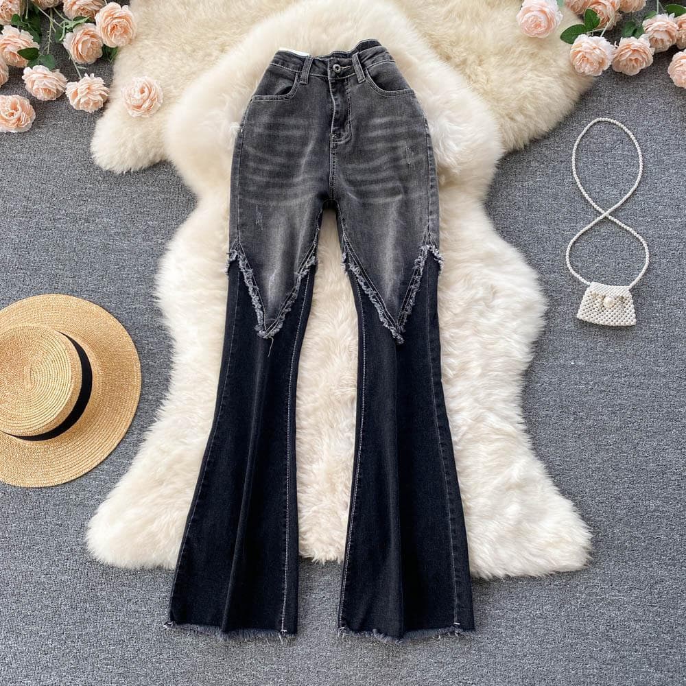 Women's splicing raw edge micro-flared jeans for women tassel stretch thin slim flared pants