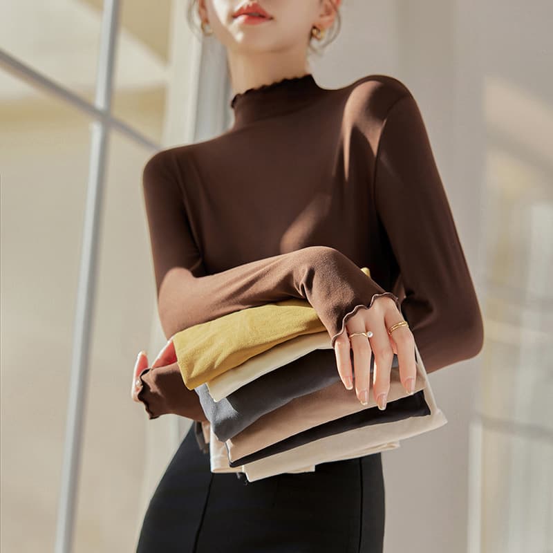 Semi-Turtleneck Blouse – Stretch Polyester Long-Sleeve Top With Ruffle Trim (8 Colors, Slim Fit, Warm & Elegant Layering Piece)