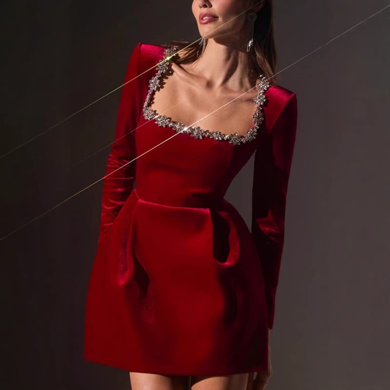 Elegant Velvet Short Dress With Square Neckline & Rhinestone Details, Flared A-Line Mini Dress For Women, Long Sleeve Party Dress