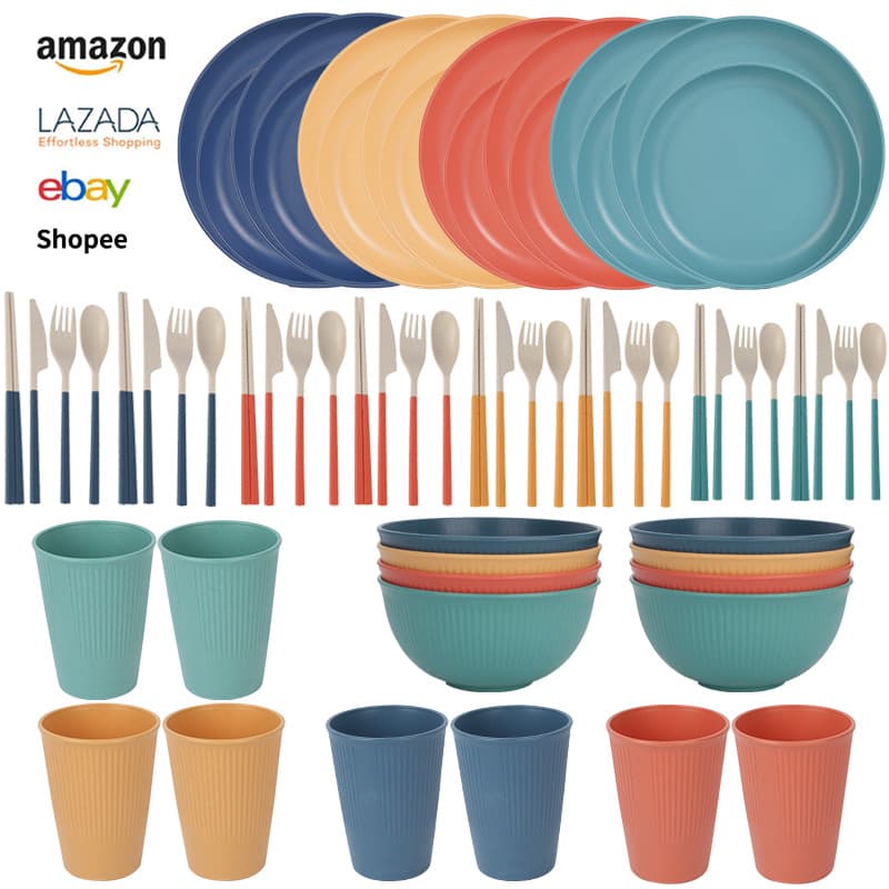 32-Piece Wheat Straw Tableware Set – Eco-Friendly Bowls, Plates, Cups & Cutlery | Microwave-Safe, BPA-Free, Ideal For Gifting