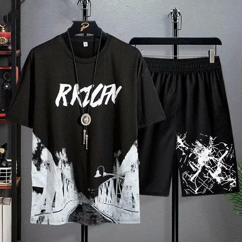 Men's Clothing short sleeved T shirt suit men's trendy personality casual ins trendy brand half sleeved ice silk T shirt two piece suit men