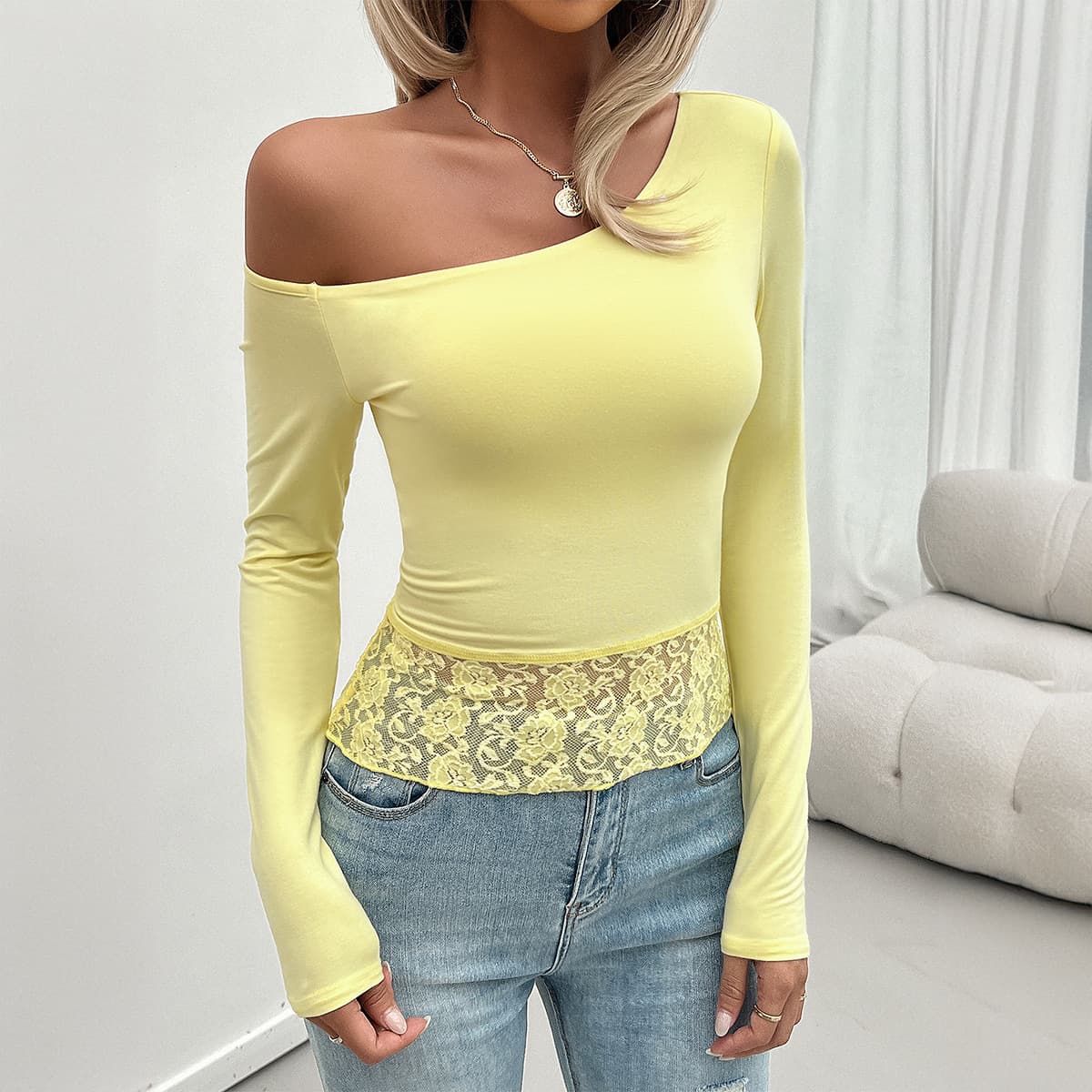 Women's Clothing 2024 Autumn and Winter Spot Y2K Sexy Pure Lace Splicing Knitted Long Sleeve T shirt Women's Clothing