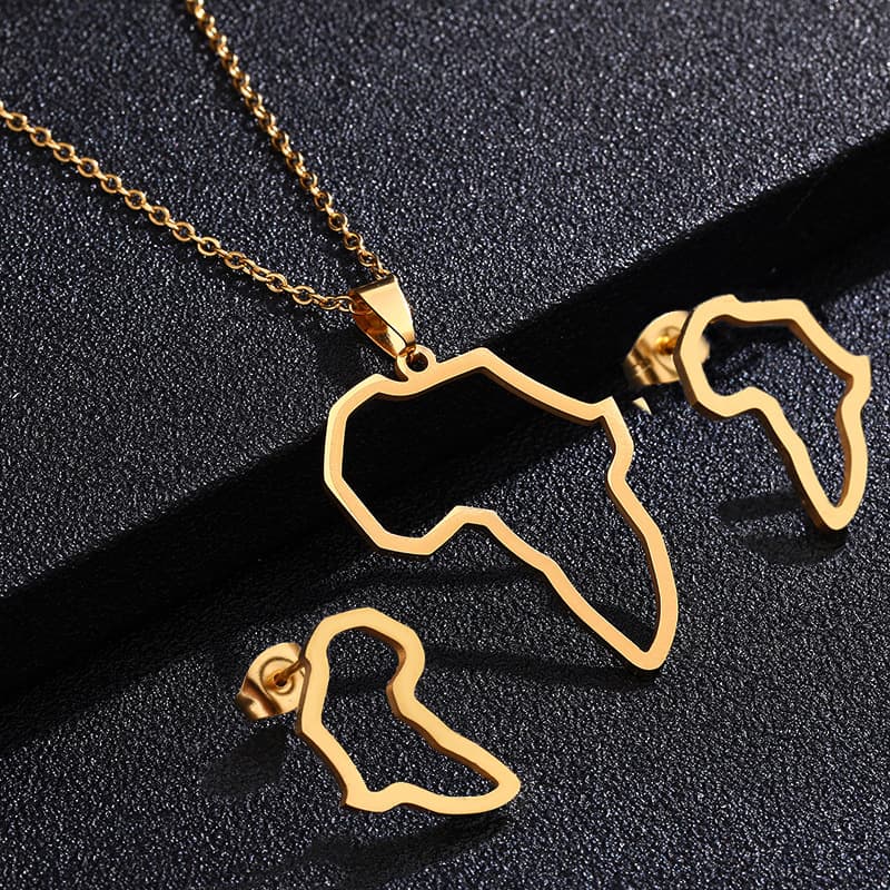 Fashion Stainless Steel Women's Africa Map Pendant Necklace Titanium Steel Africa Map Pendant Earrings Two-piece Set