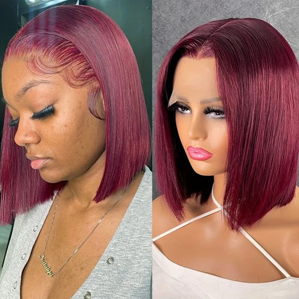 Burgundy Straight HD Transparent Short Bob Human Hair Wigs Brazilian Red Lace Front Wig Women Pre Plucked