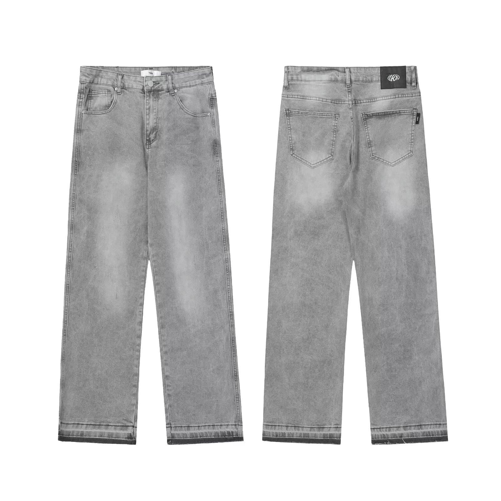 Vintage Washed Light Gray Distressed Denim Jeans – Unisex Straight-Leg Raw Hem Pants (S-3XL)