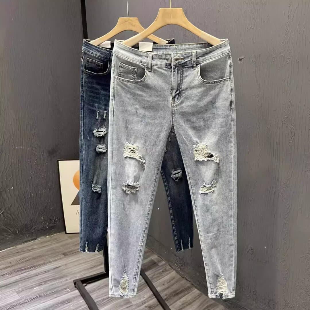 Men's Clothing Strictly selected summer thin ripped jeans men's slim fit skinny nine-point 2024 new trend retro washed pants