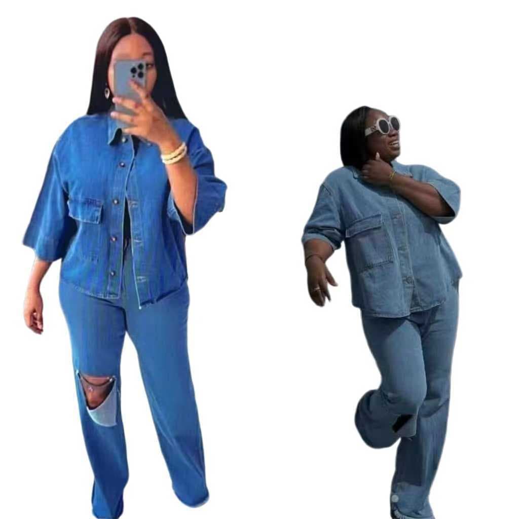 Women's Clothing Women's Autumn Fashion Personality Hole Denim Trousers And Shirt Top Two Piece Set Style